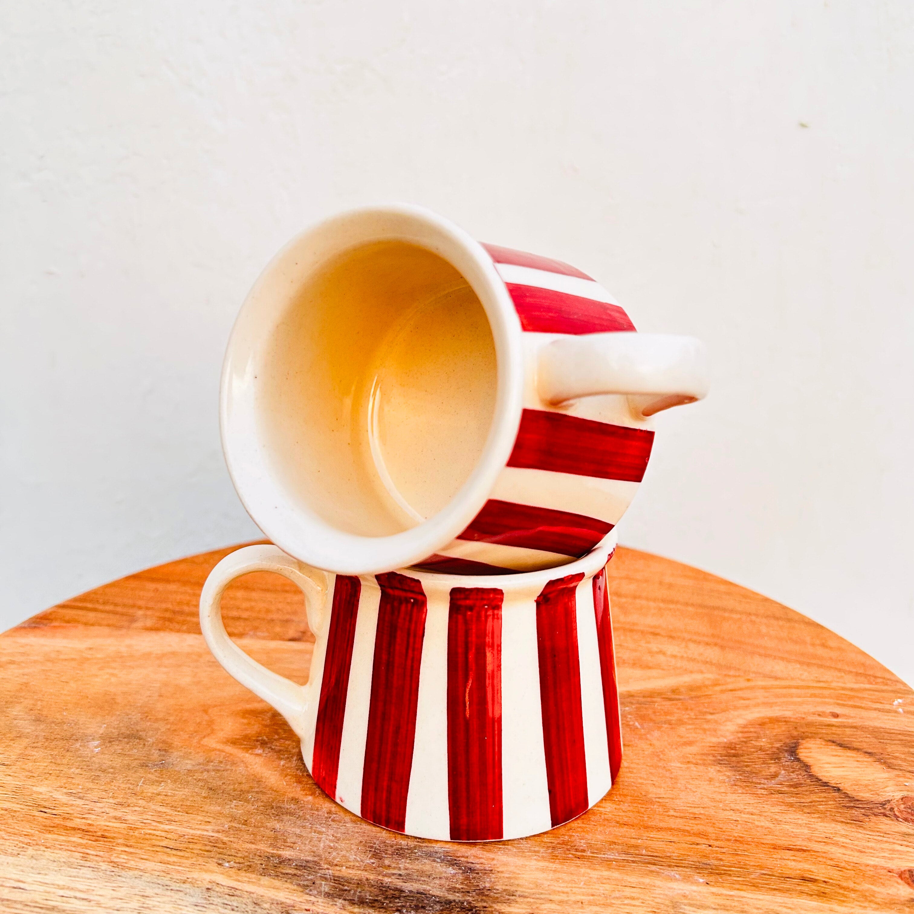 Cream with Maroon Stripes Glossy Hand Painted - Handmade Ceramic Coffee/Tea Mug 200 ml