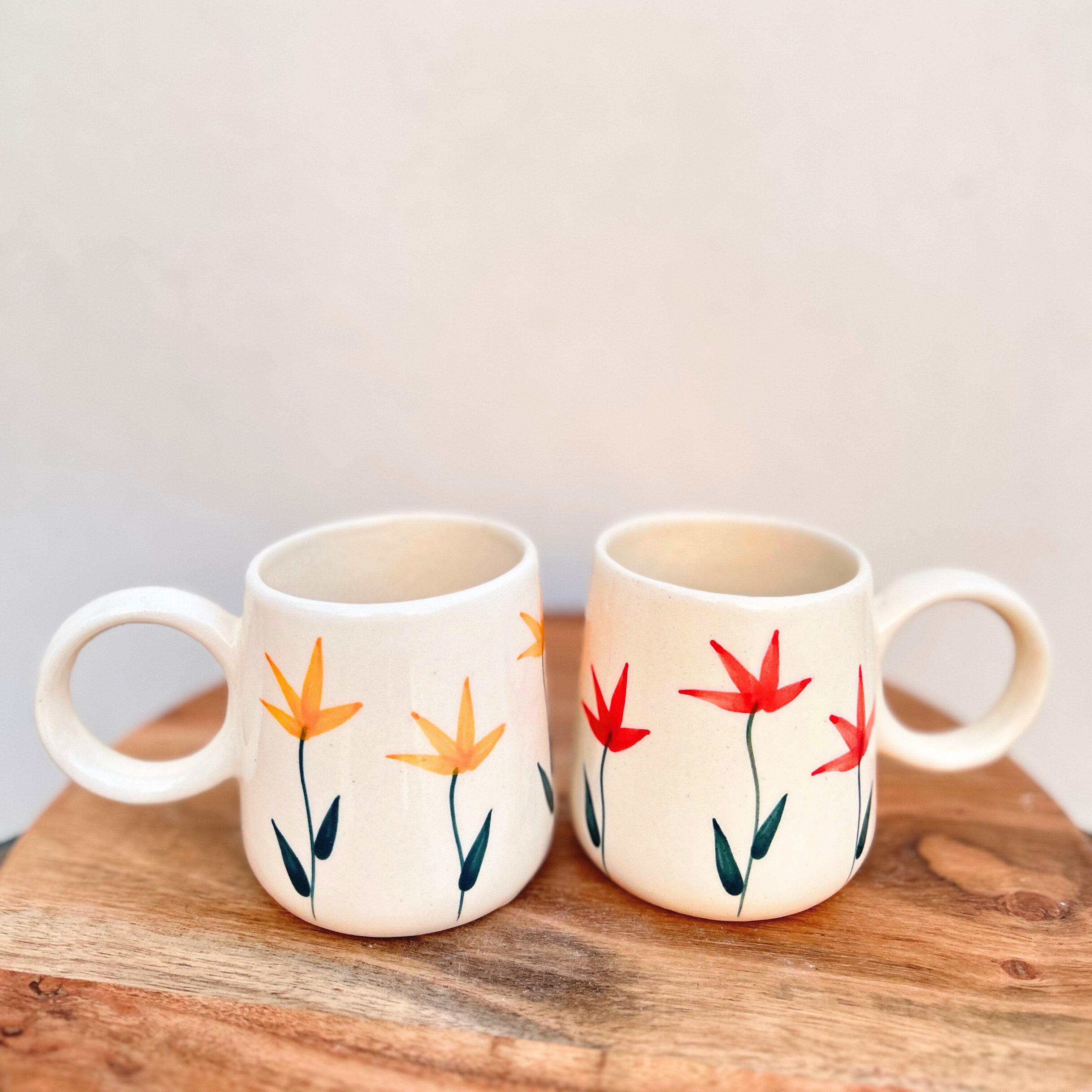 Cream with Yellow Handpainted Flower Design - Handmade Floral Ceramic Coffee Mug 315 ml
