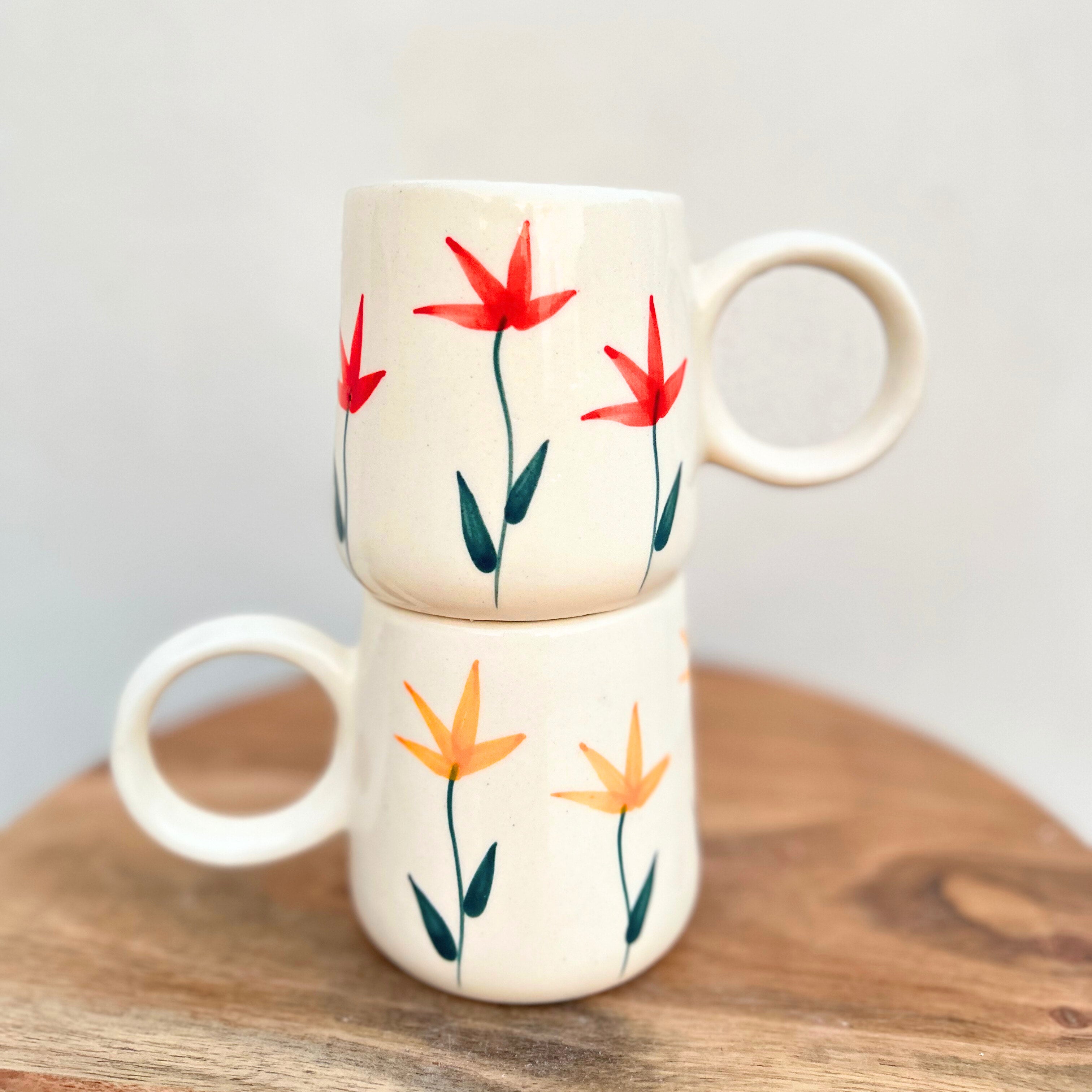 Cream with Yellow Handpainted Flower Design - Handmade Floral Ceramic Coffee Mug 315 ml