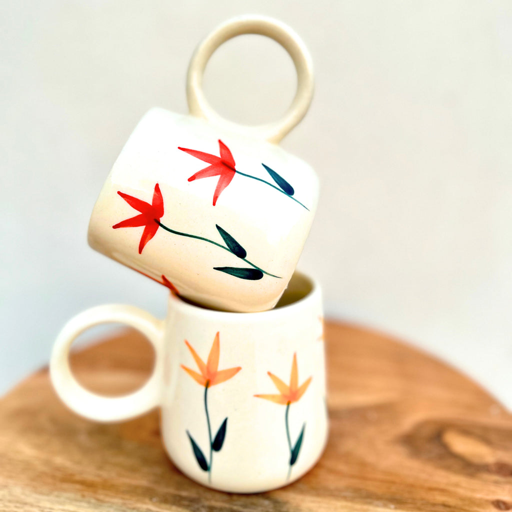 Cream with Yellow Handpainted Flower Design - Handmade Floral Ceramic Coffee Mug 315 ml