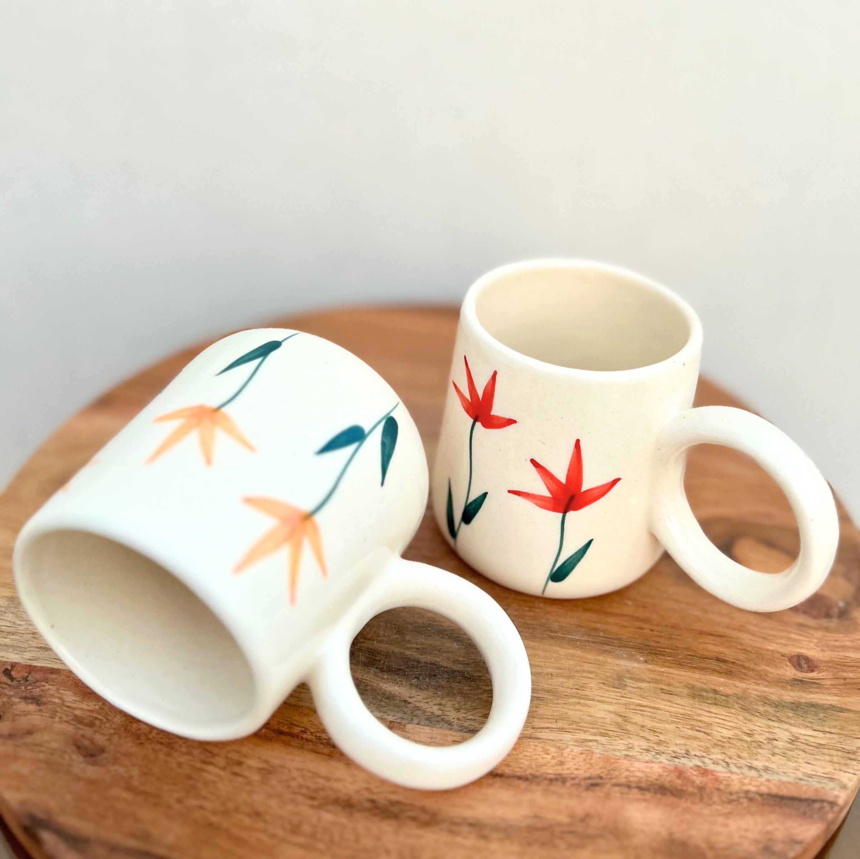 Cream with Yellow Handpainted Flower Design - Handmade Floral Ceramic Coffee Mug 315 ml