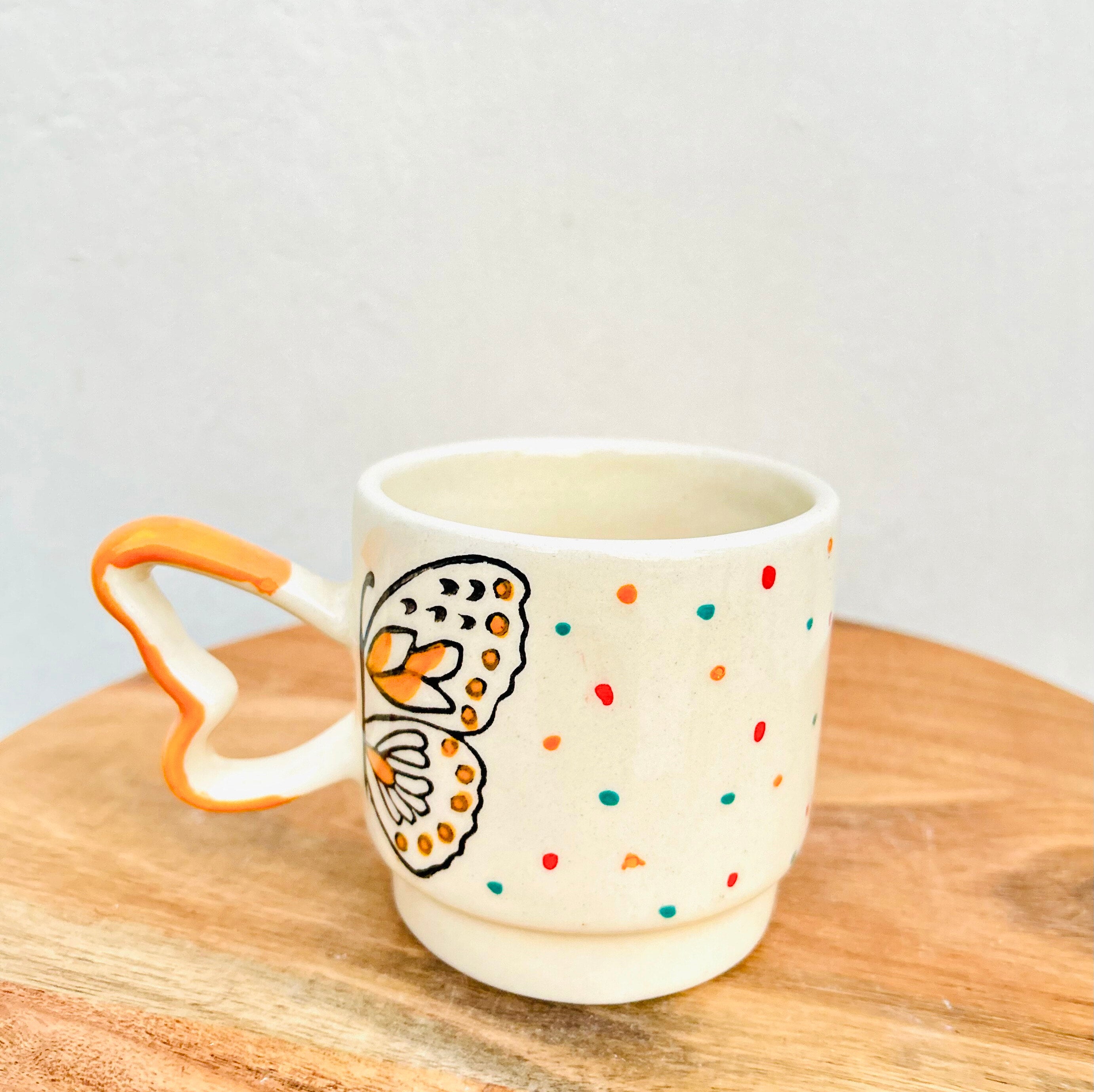 Cream Mustard with Butterfly & Heart Handle - Handmade Handpainted Ceramic Coffee Mug 280 ml