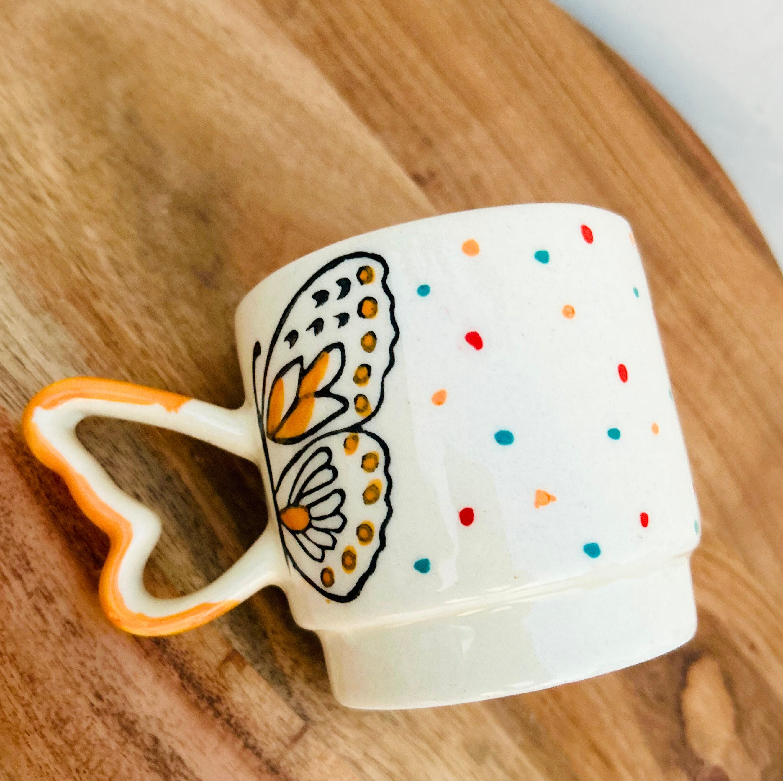 Cream Mustard with Butterfly & Heart Handle - Handmade Handpainted Ceramic Coffee Mug 280 ml
