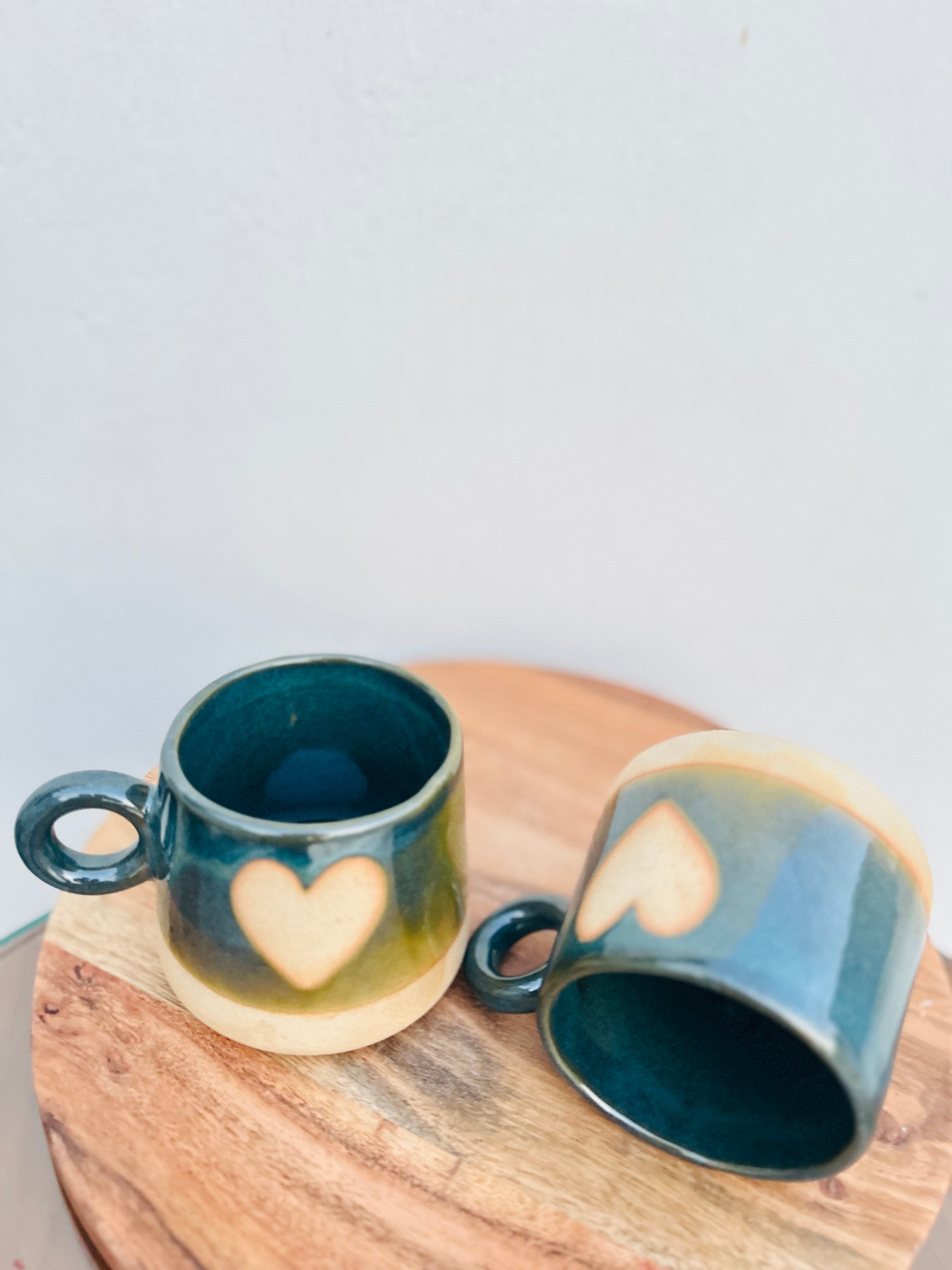 Green & Beige Heart Design - Handmade Ceramic Coffee Mug 300 ml