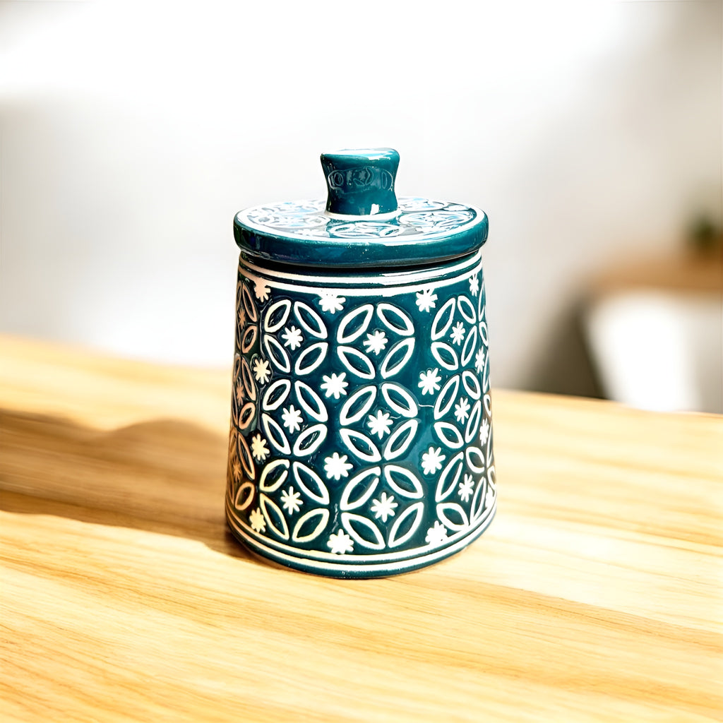 Teal Bloom Handcrafted Ceramic Storage Jar 550 ML
