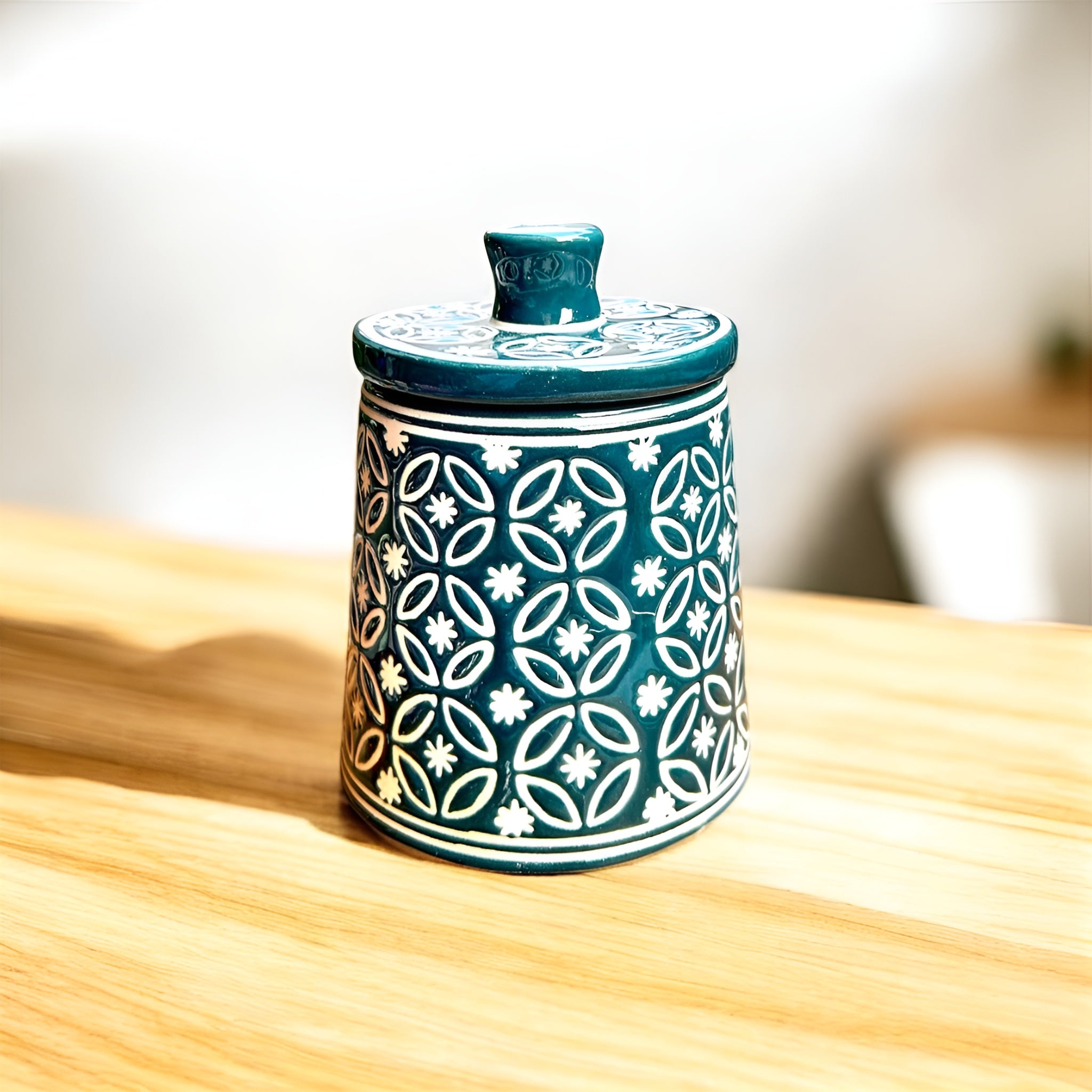 Teal Bloom Handcrafted Ceramic Storage Jar 550 ML