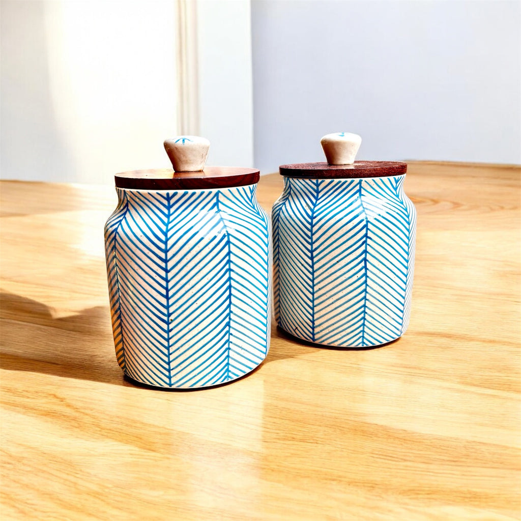 Azure Lines Ceramic Jar Set with Wooden Lid 💙 (Set of 2)