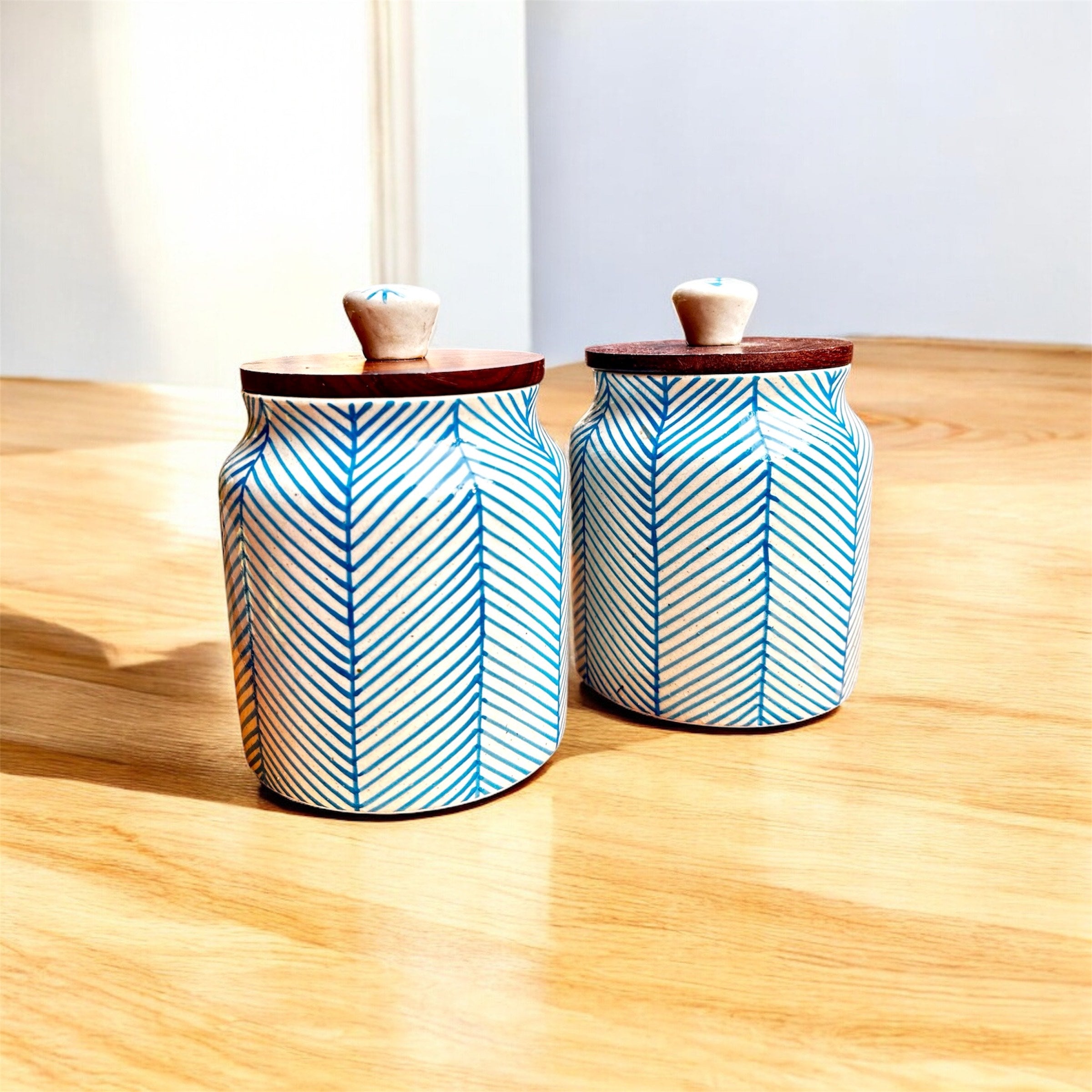 Azure Lines Ceramic Jar Set with Wooden Lid 💙 (Set of 2)
