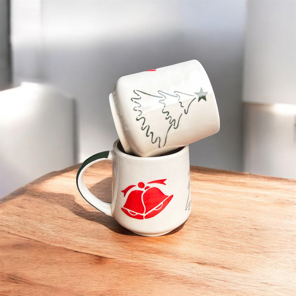 Christmas Ribbon Mug Set (Hand-Painted) – Set of 2 | 100% Chemical Free, Microwave Safe, Dishwasher Safe