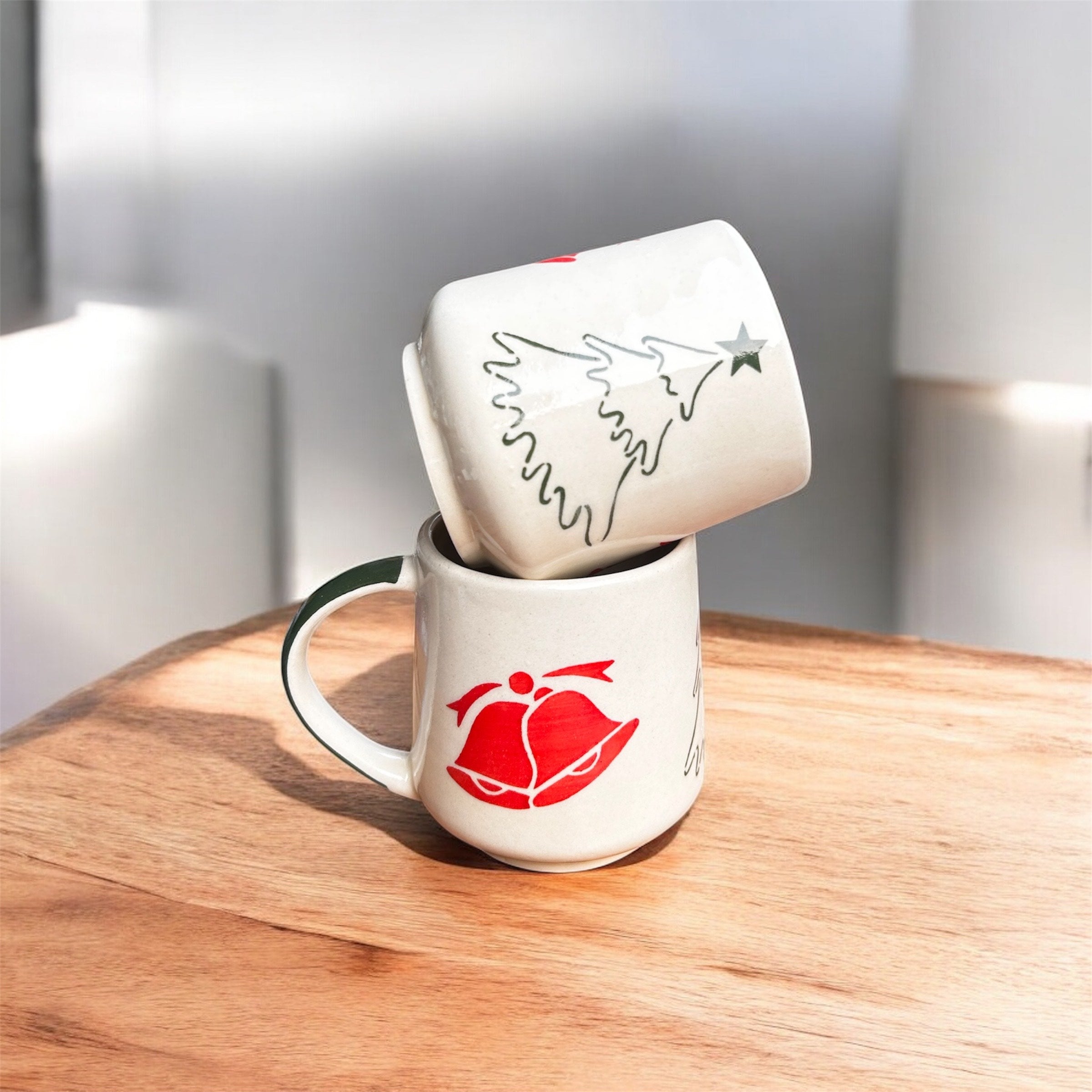 Christmas Ribbon Mug Set (Hand-Painted) – Set of 2 | 100% Chemical Free, Microwave Safe, Dishwasher Safe