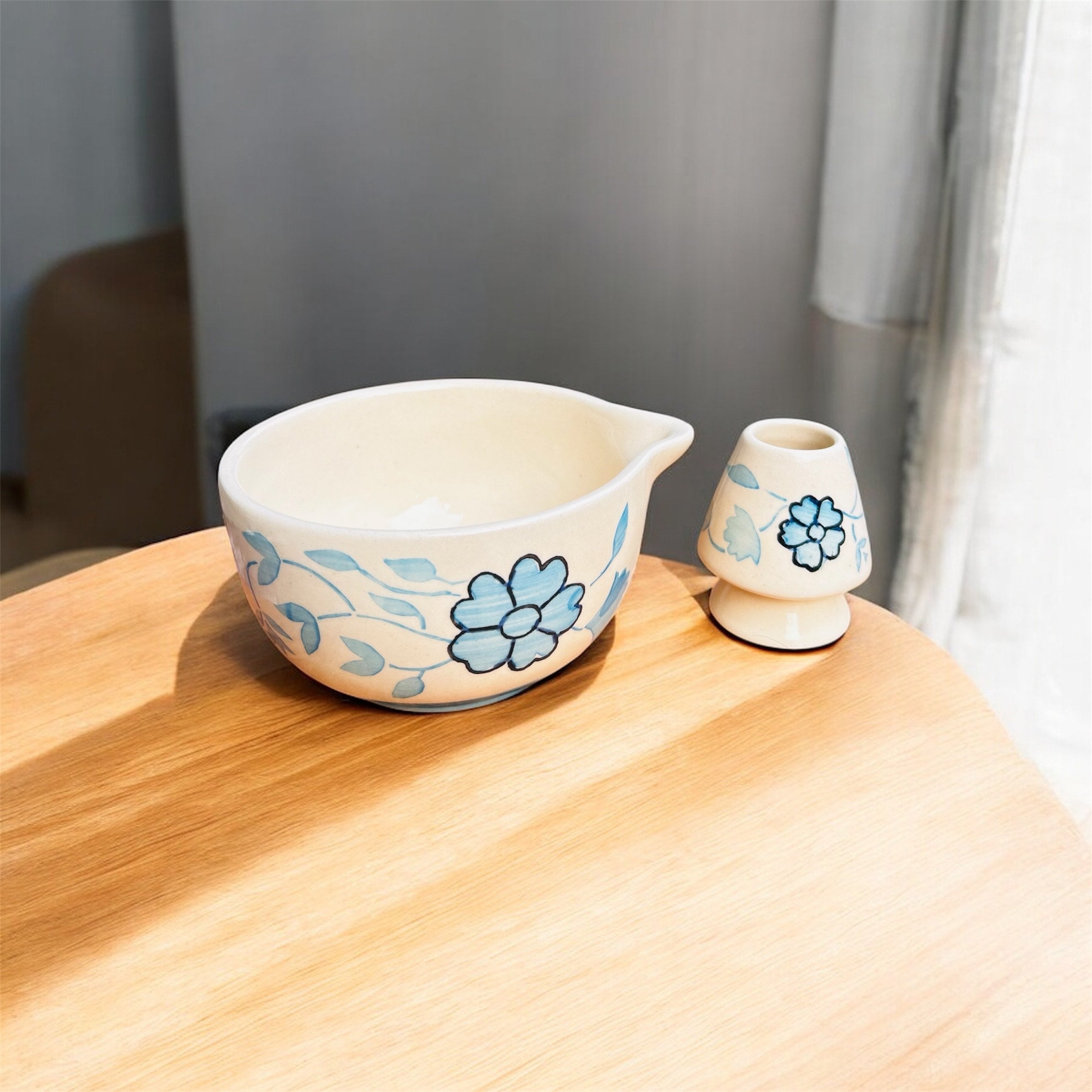 Blue Blossom Ceramic Matcha Set (Bowl + Whisk Holder)
