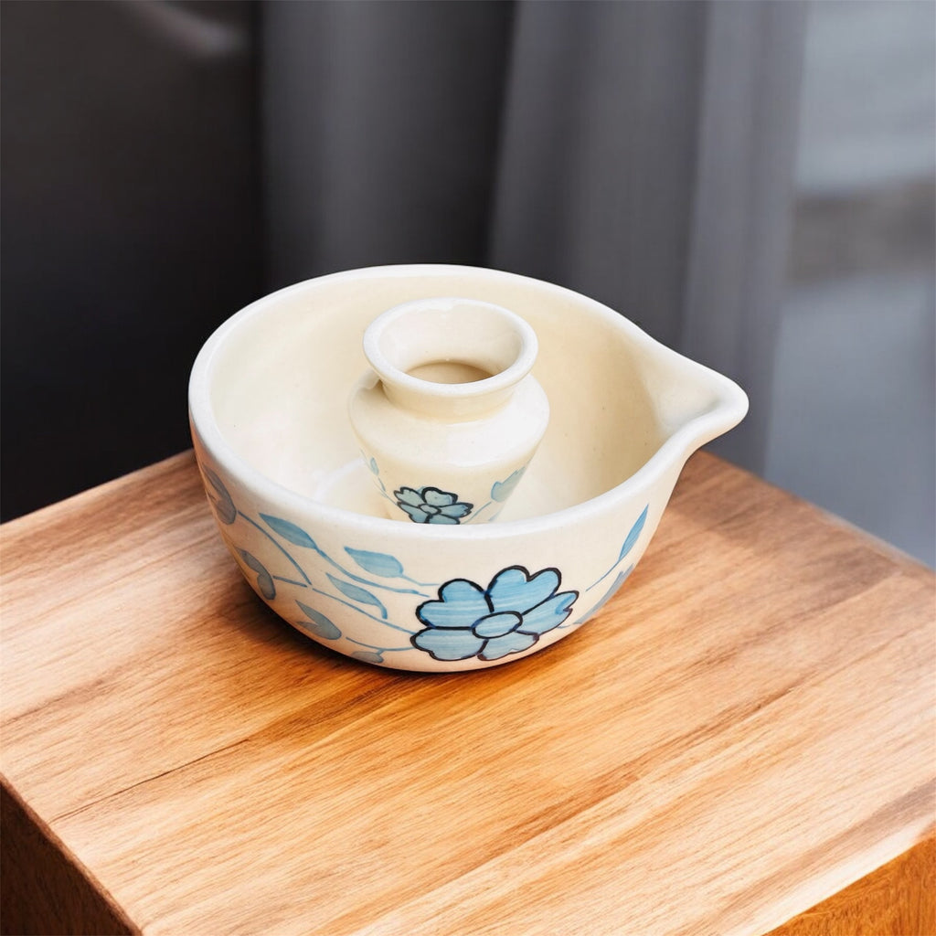 Blue Blossom Ceramic Matcha Set (Bowl + Whisk Holder)