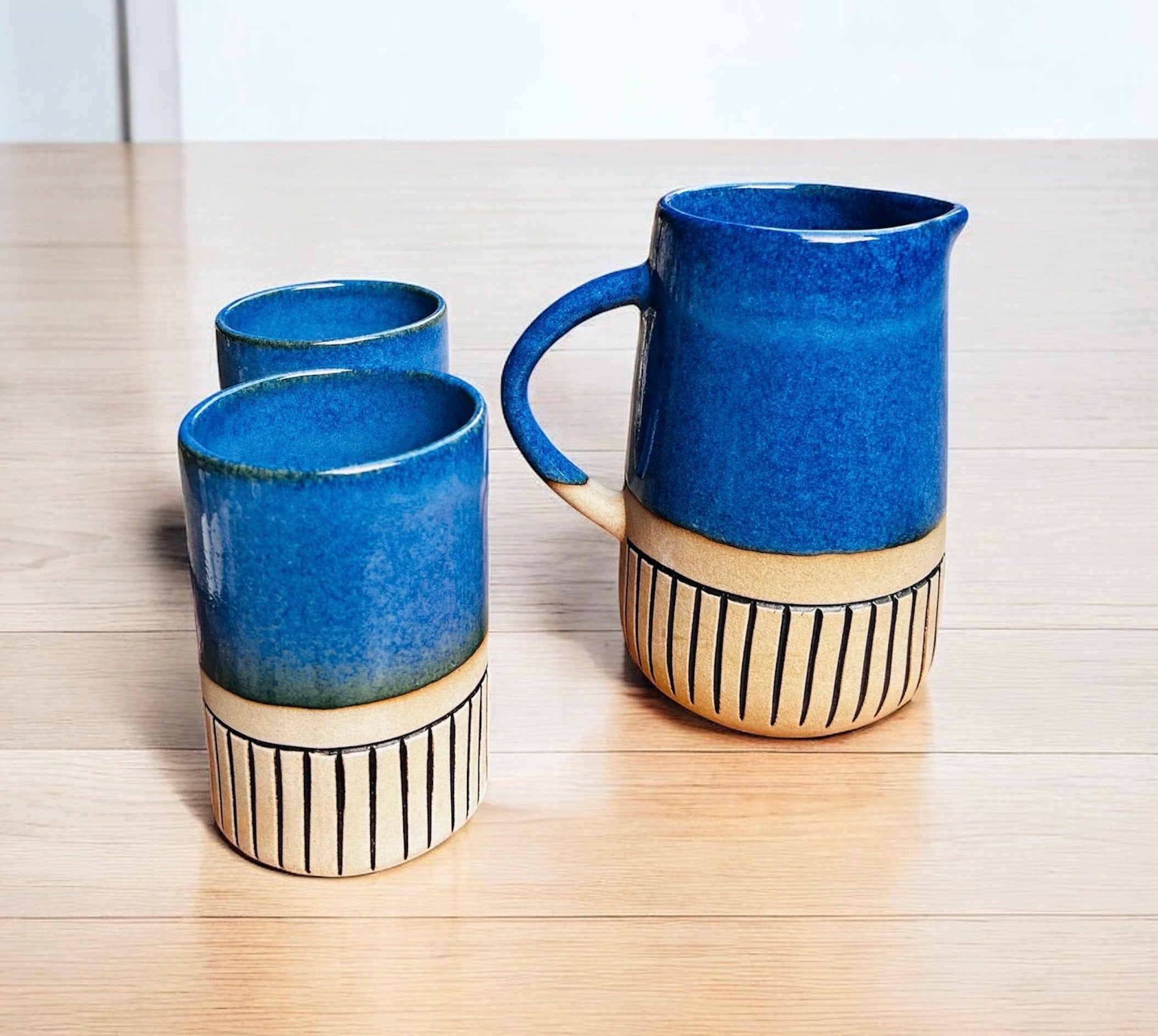 Ocean Dune Handcrafted Stoneware Jug & Cup Set (Set of 3)