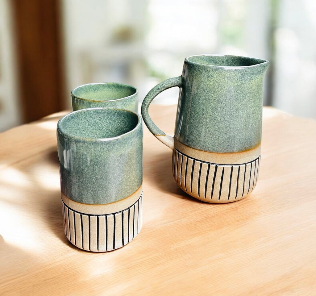 Rustic Meadow Green Ceramic Jug & Glass Set (3 pcs)
