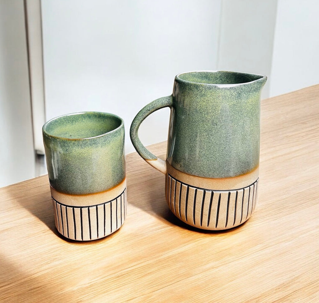 Rustic Meadow Green Ceramic Jug & Glass Set (3 pcs)