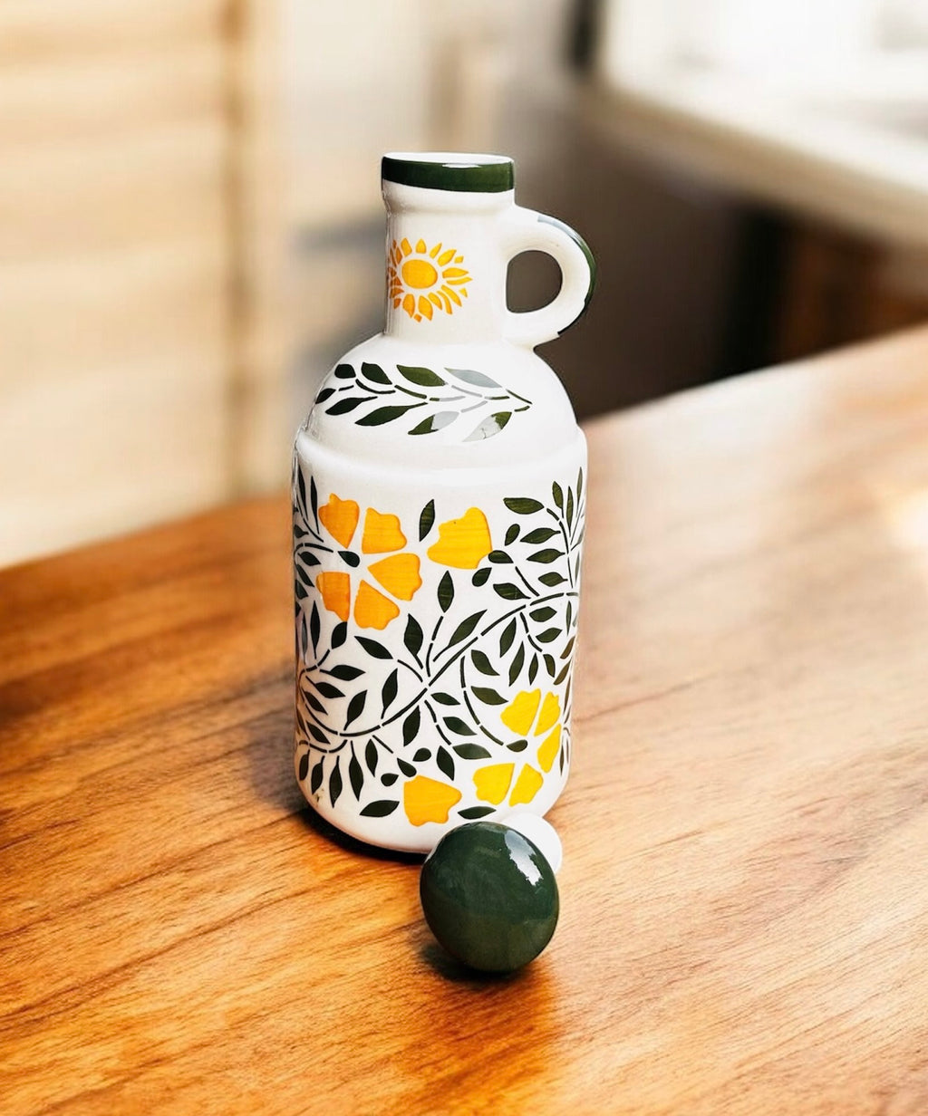 Sunlit Bloom Handcrafted Ceramic Oil Bottle 1000ML | 100% Chemical Free, Microwave Safe, Dishwasher Safe