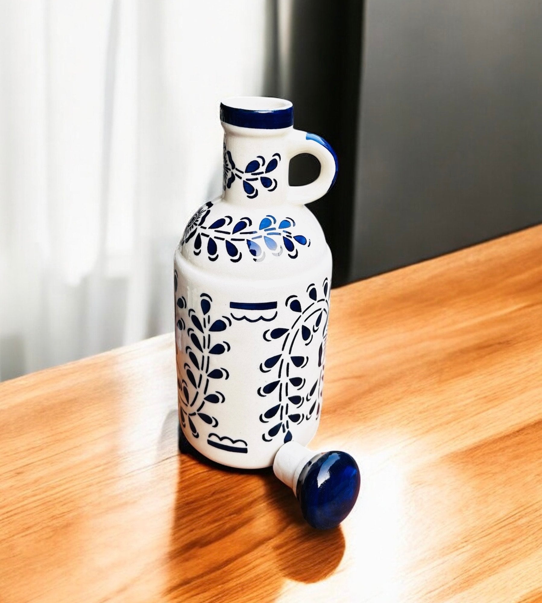 Indigo Vine Handcrafted Ceramic Oil Bottle 1000 ml | 100% Chemical Free, Microwave Safe, Dishwasher Safe