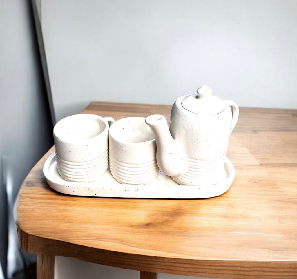 Ivory Ribbed Stoneware Couples Tea/Coffee Set (Teapot + 2 Cups + Tray) | 100% Chemical Free, Microwave Safe, Dishwasher Safe