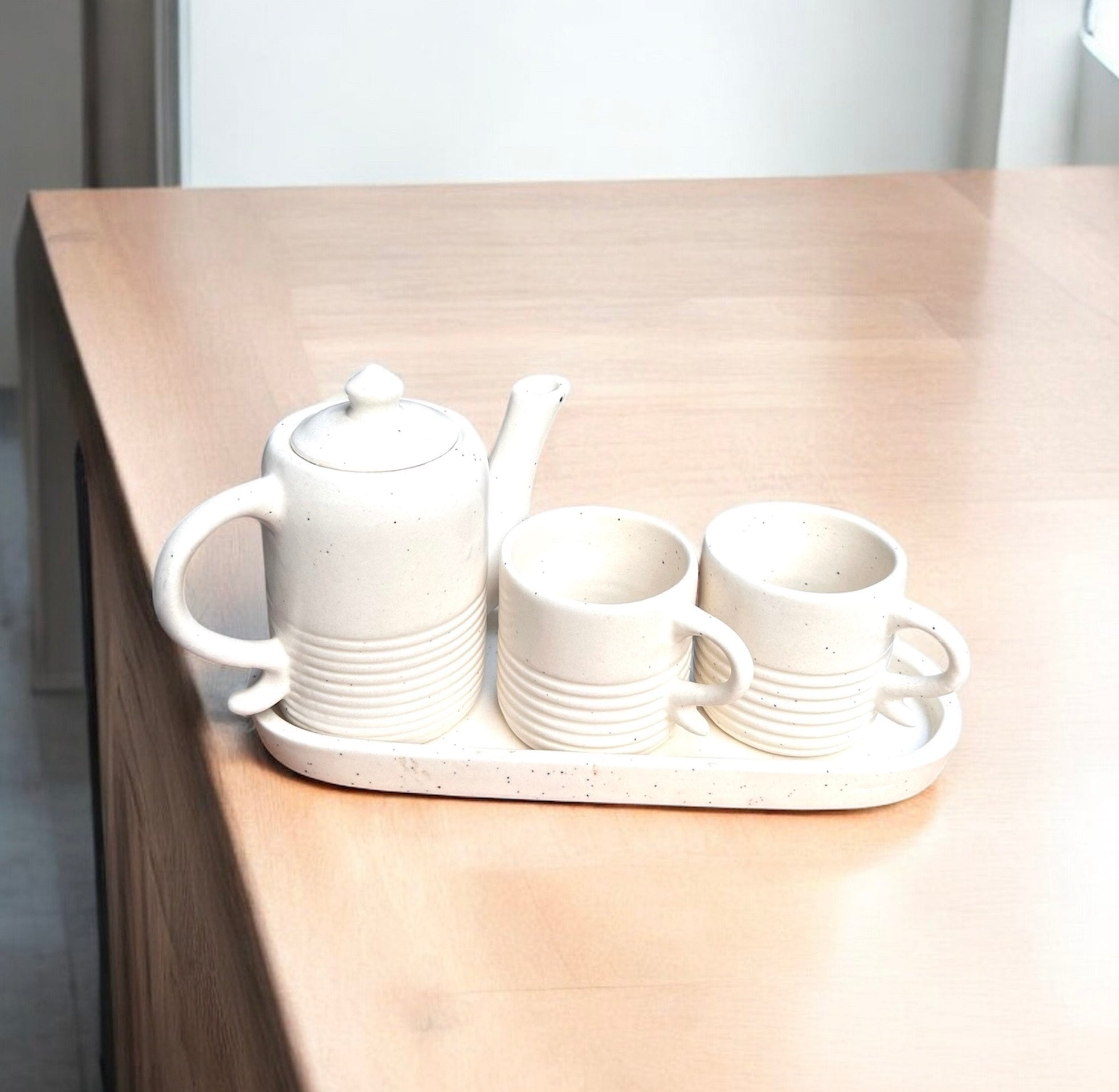 Ivory Ribbed Stoneware Couples Tea/Coffee Set (Teapot + 2 Cups + Tray) | 100% Chemical Free, Microwave Safe, Dishwasher Safe
