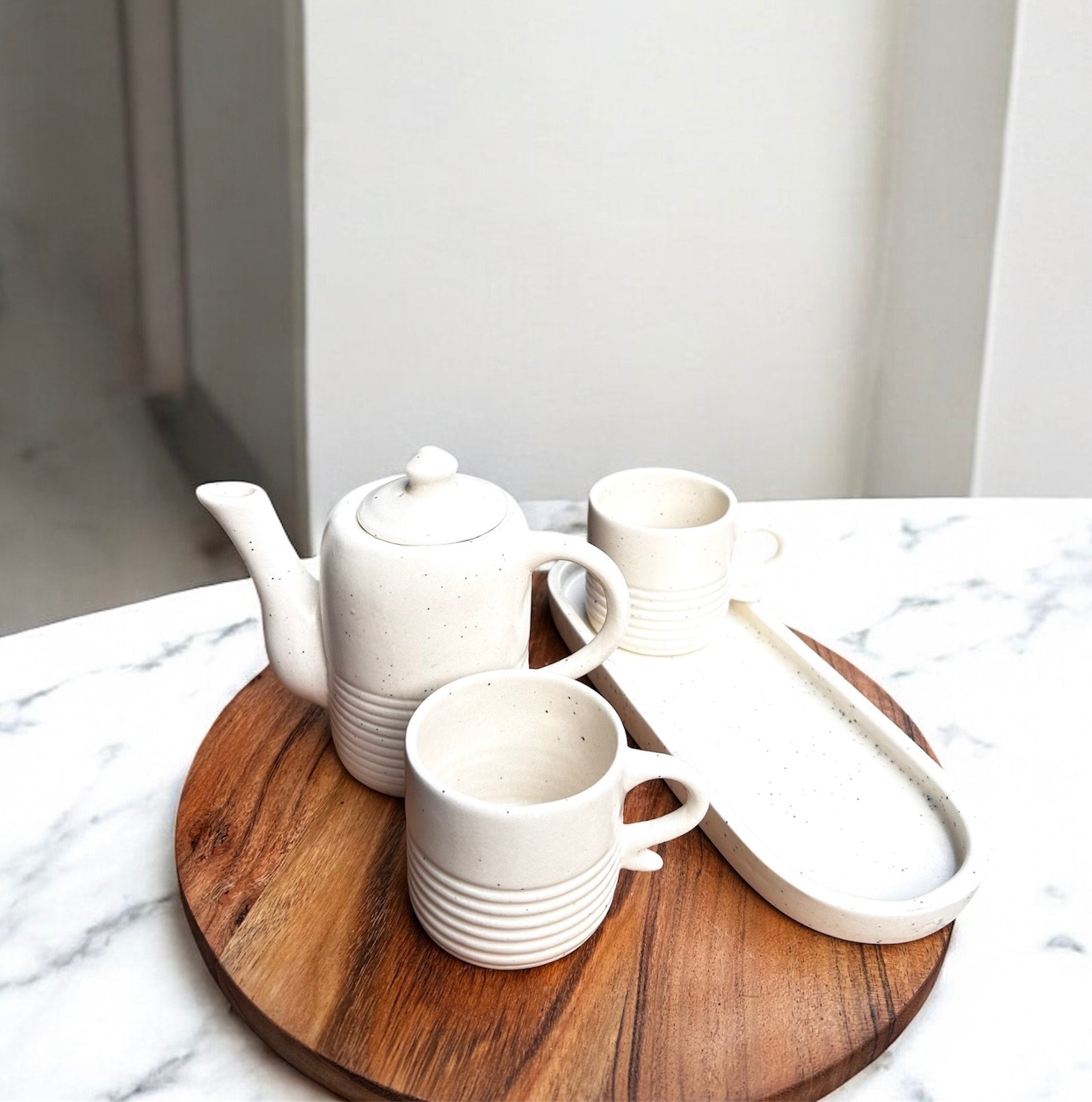 Ivory Ribbed Stoneware Couples Tea/Coffee Set (Teapot + 2 Cups + Tray) | 100% Chemical Free, Microwave Safe, Dishwasher Safe