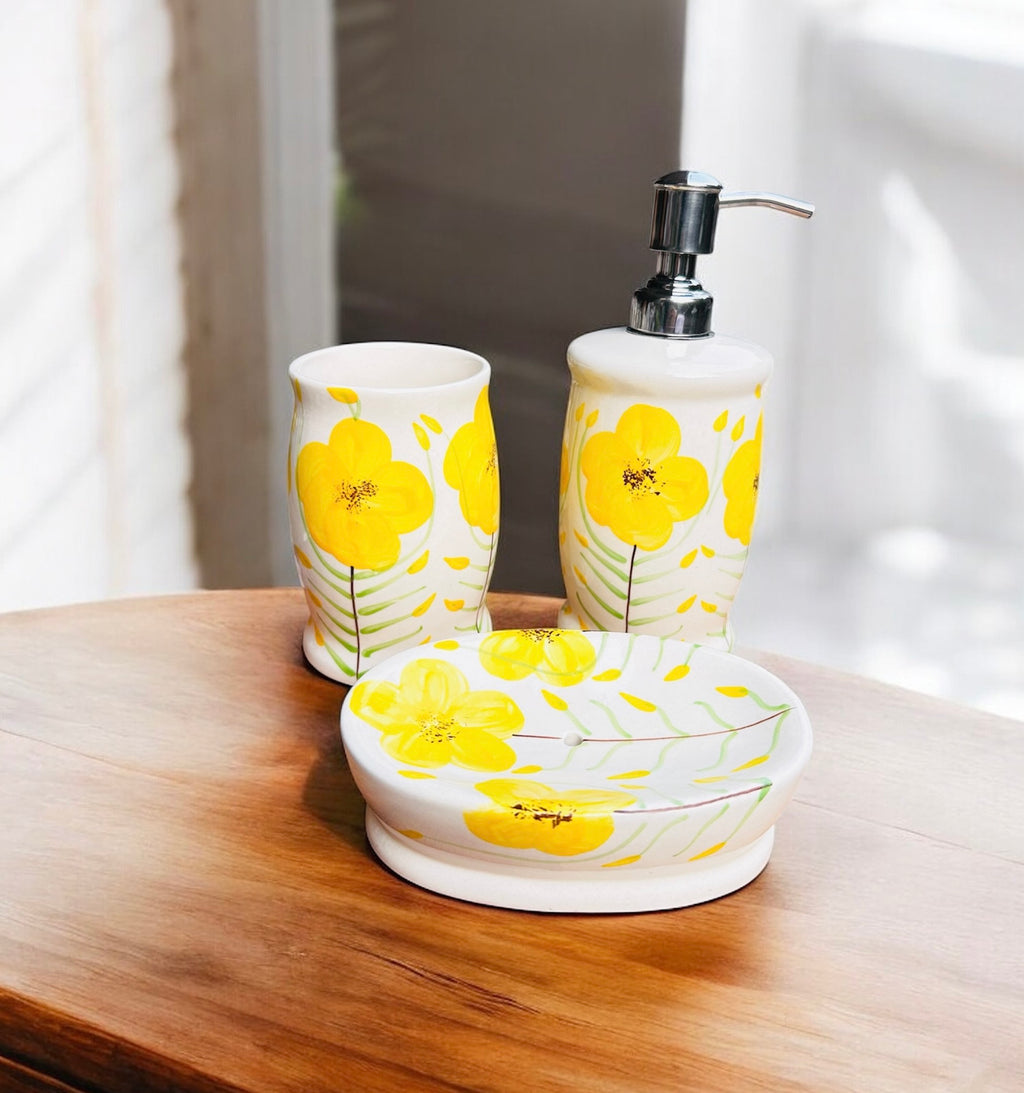 Sunny Bloom Hand-Painted Ceramic Bathroom Set (Set of 3)
