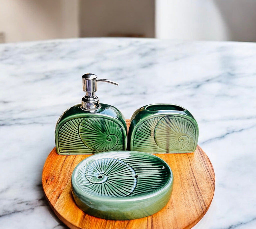 Green Fossil Imprint Ceramic Bathroom Set (Set of 3)