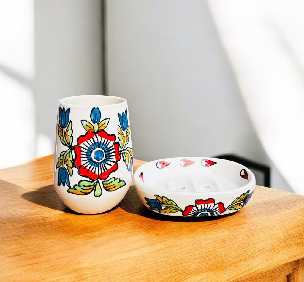 Vintage Bloom Handcrafted Ceramic Bathroom Set (Set of 3)