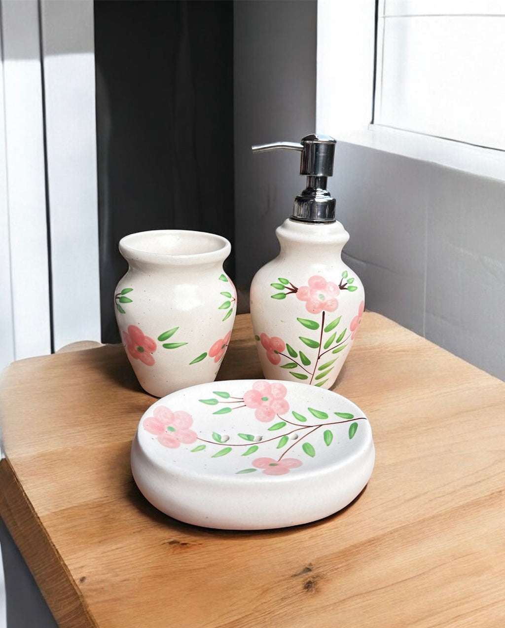 Pink Blossom Handcrafted Ceramic Bathroom Set (Set of 3)
