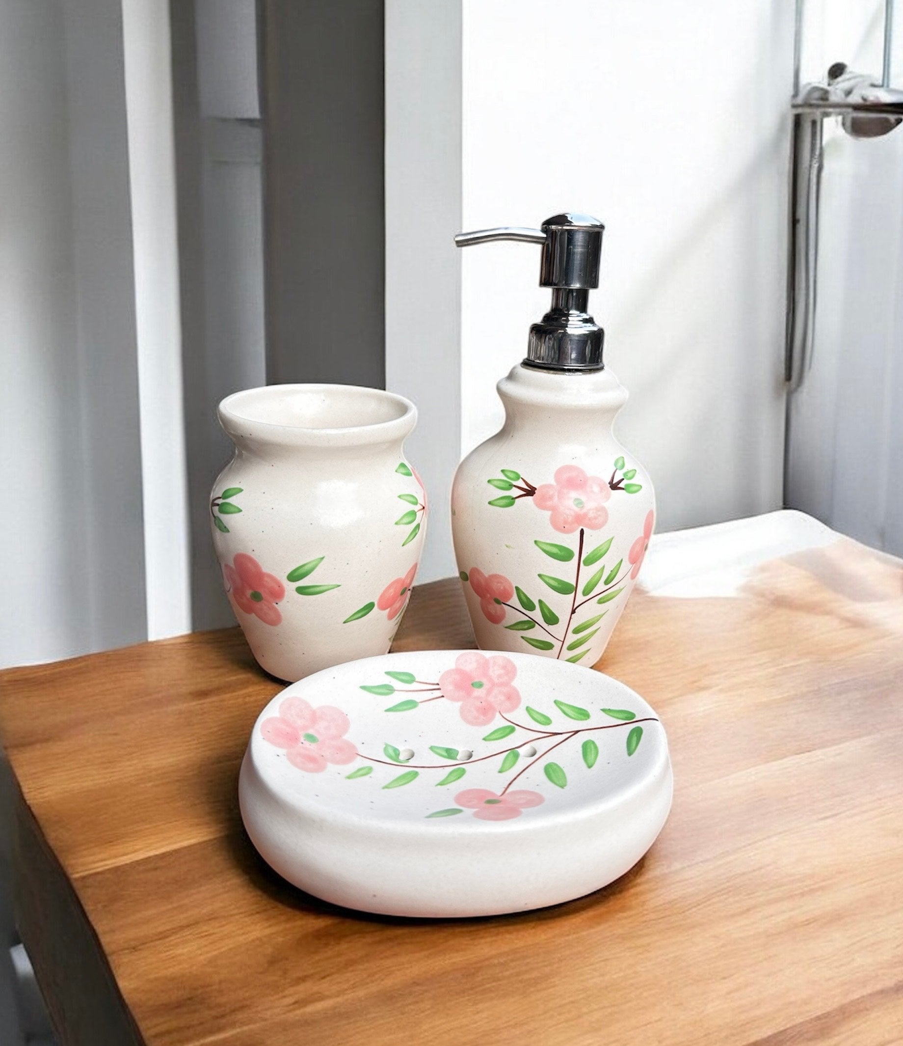 Pink Blossom Handcrafted Ceramic Bathroom Set (Set of 3)