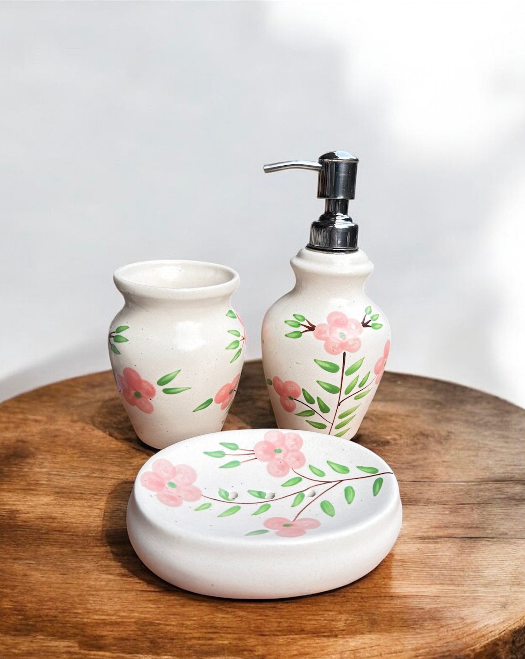 Pink Blossom Handcrafted Ceramic Bathroom Set (Set of 3)