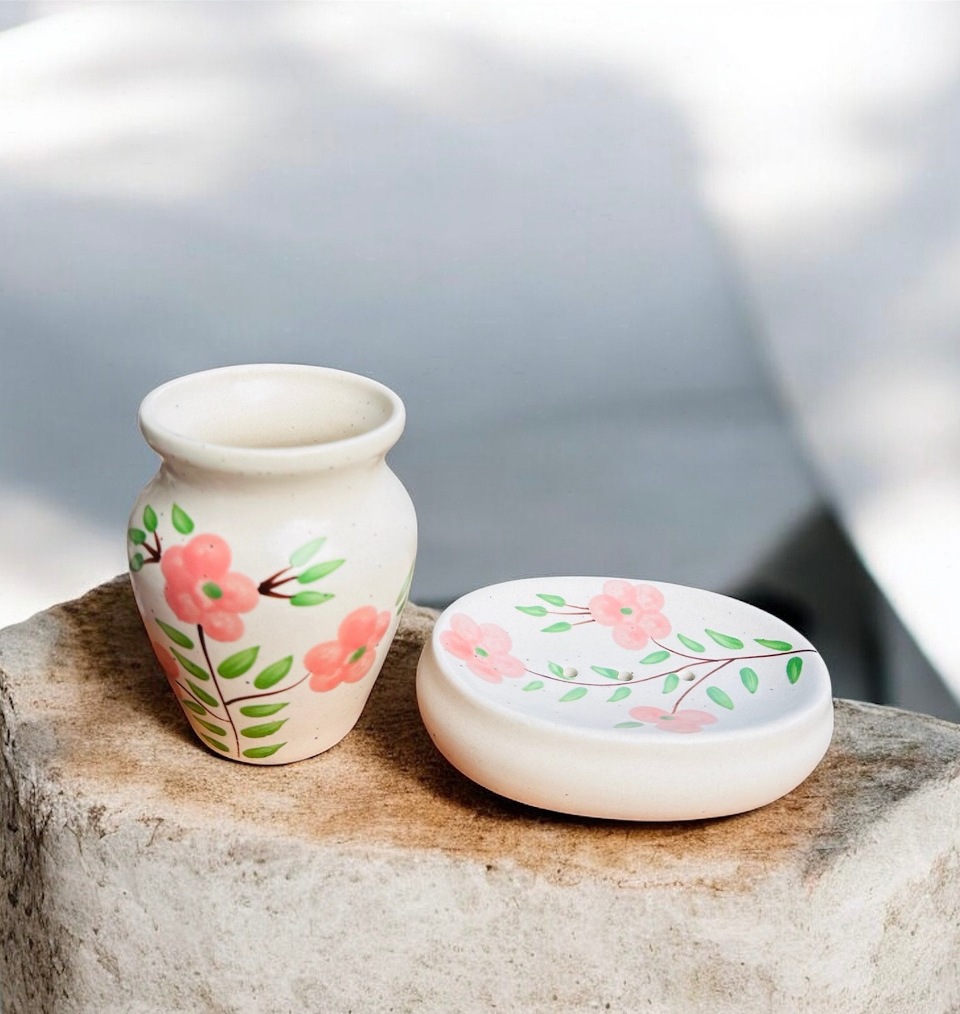 Pink Blossom Handcrafted Ceramic Bathroom Set (Set of 3)
