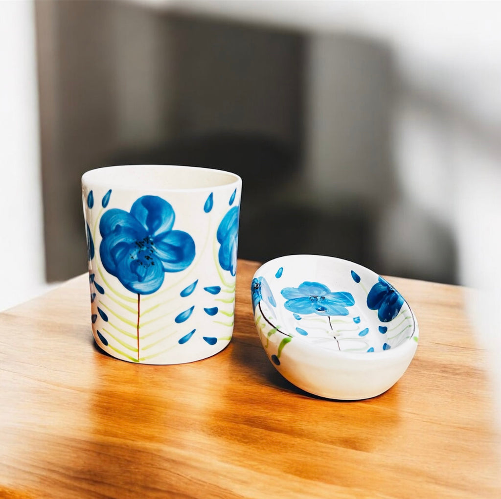 Blue Blossom Hand-Painted Ceramic Bathroom Set (3-Piece)