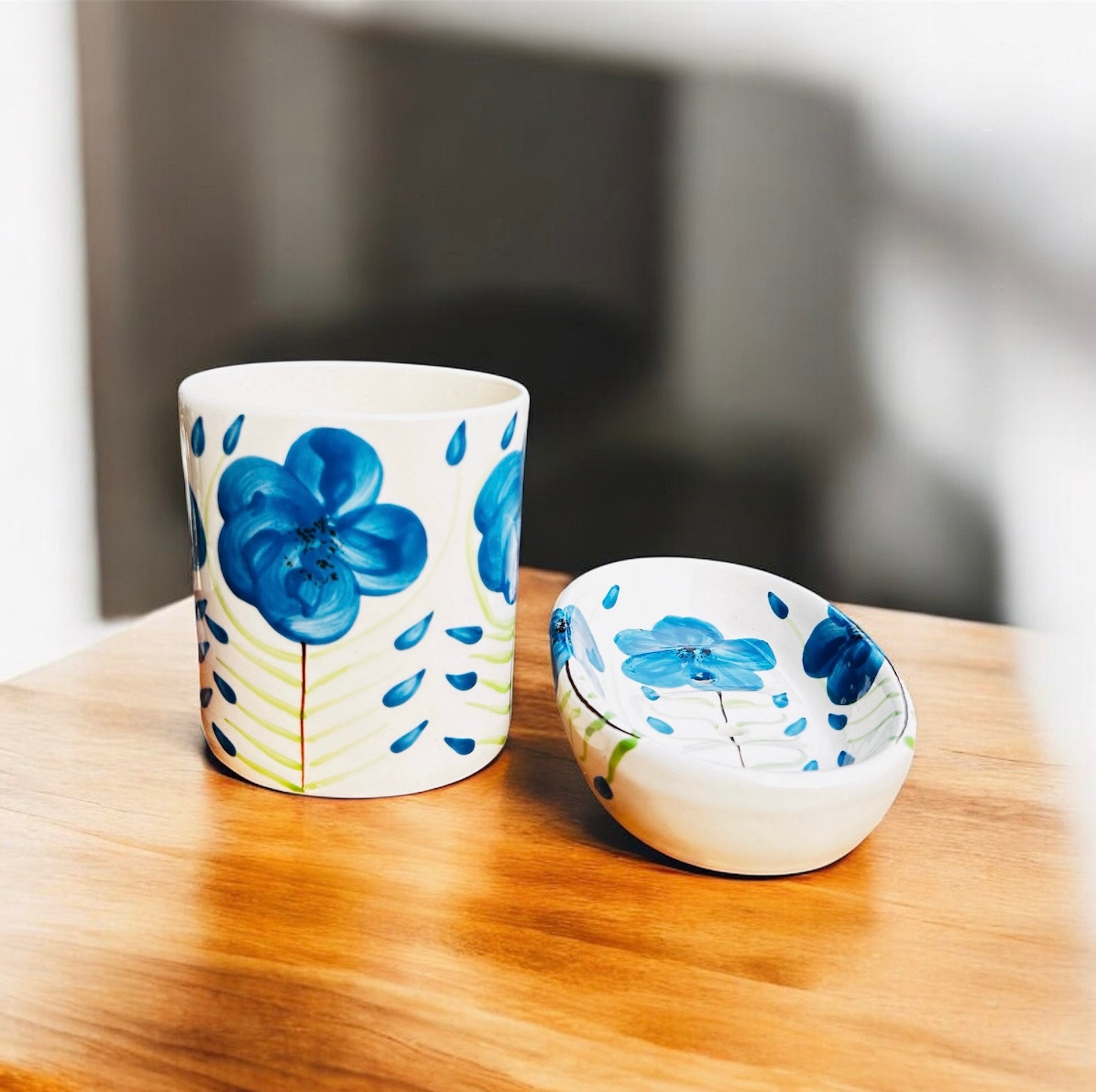 Blue Blossom Hand-Painted Ceramic Bathroom Set (3-Piece)