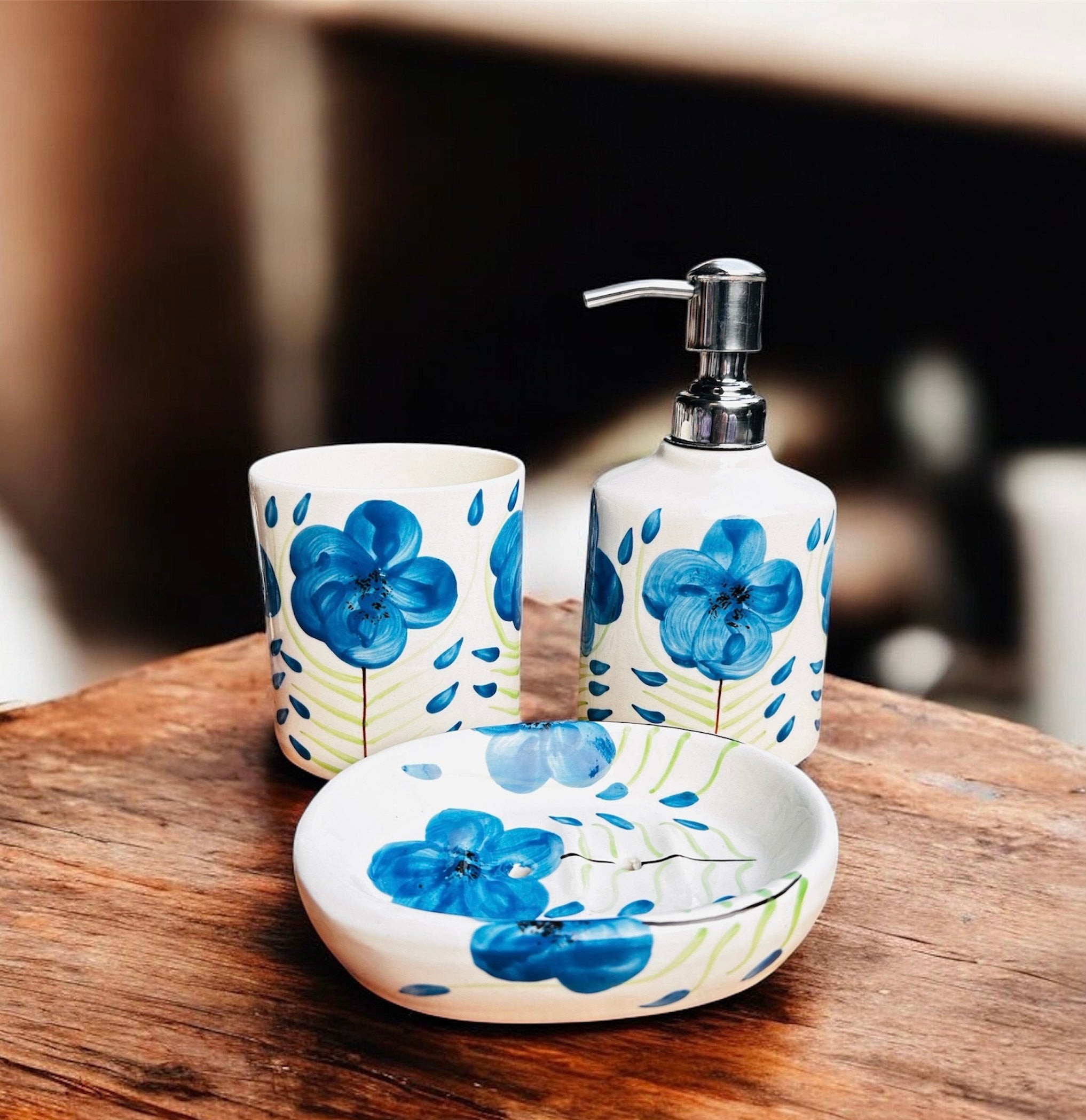 Blue Blossom Hand-Painted Ceramic Bathroom Set (3-Piece)