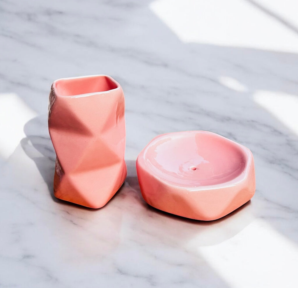 Blush Geometry Ceramic Bathroom Set (3-Piece Set)