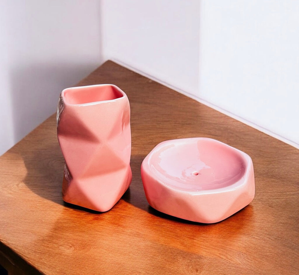 Blush Geometry Ceramic Bathroom Set (3-Piece Set)