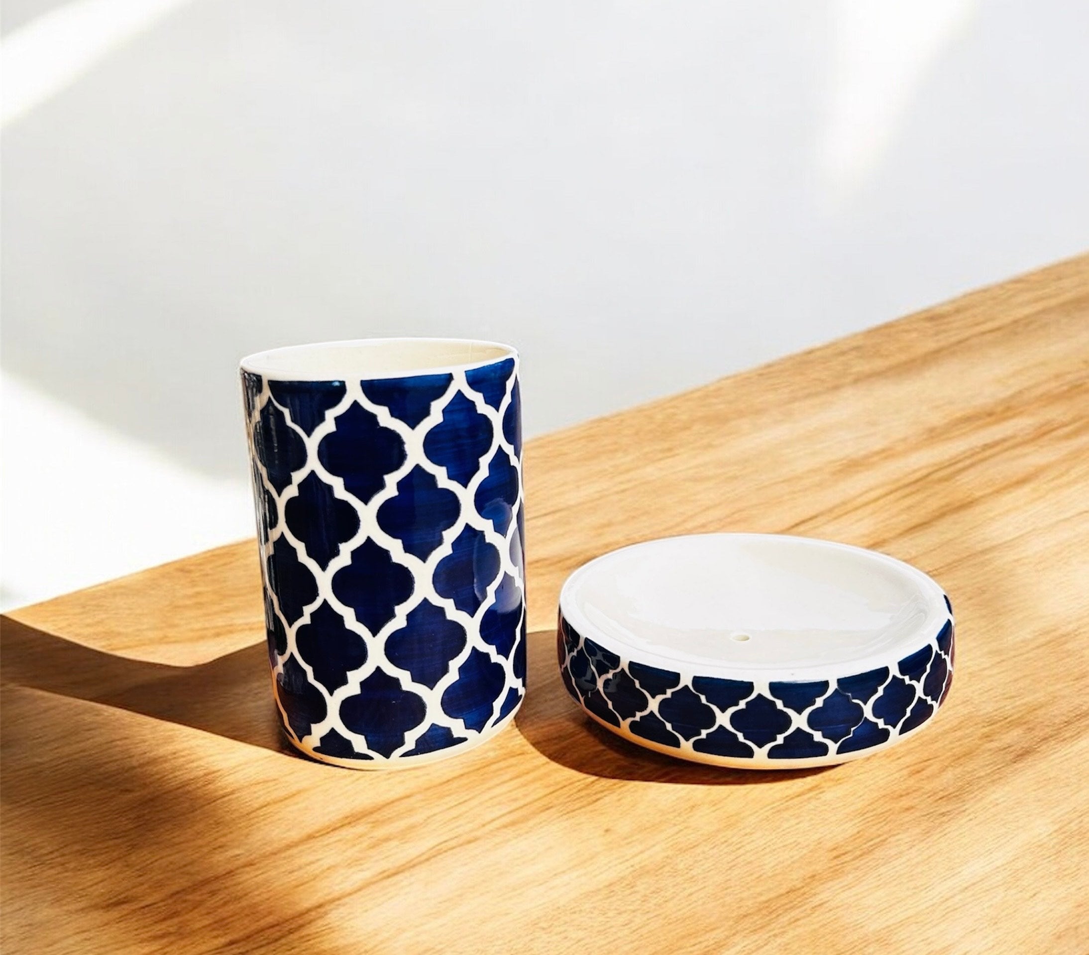 Moroccan Blue Luxe Ceramic Bathroom Set (Set of 3)