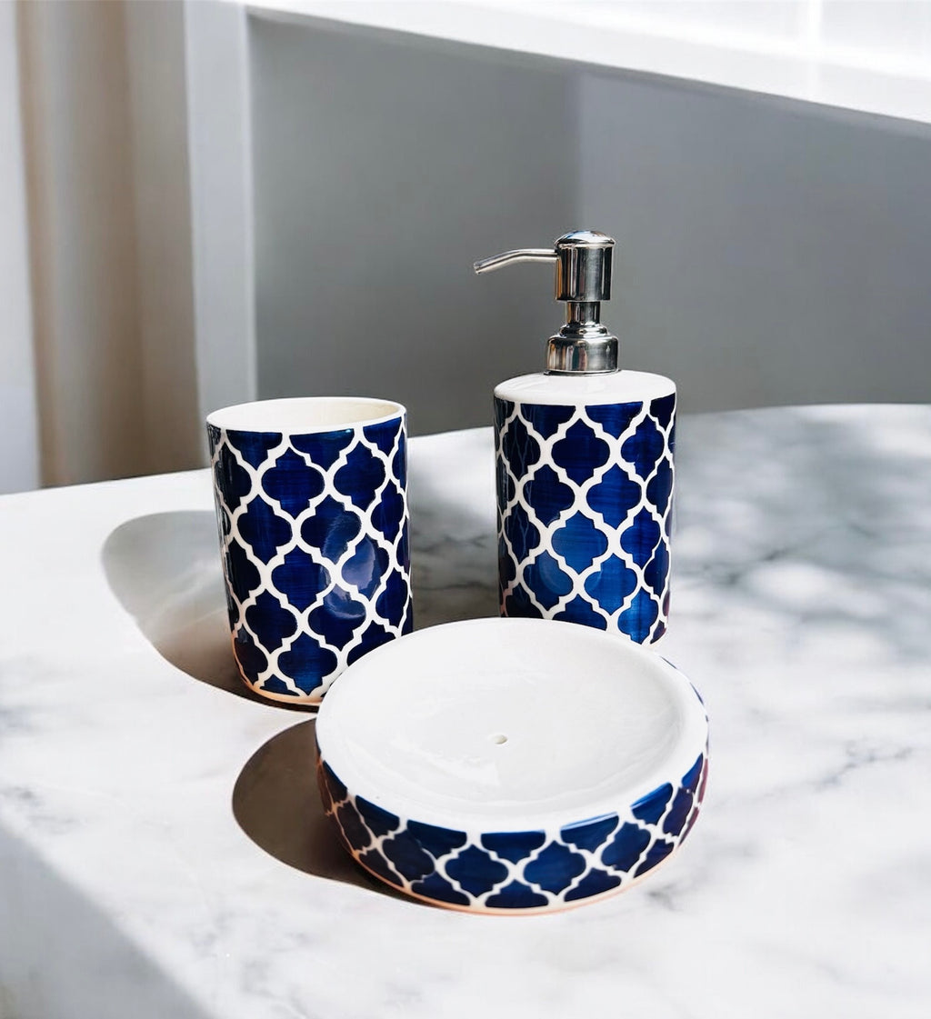 Moroccan Blue Luxe Ceramic Bathroom Set (Set of 3)