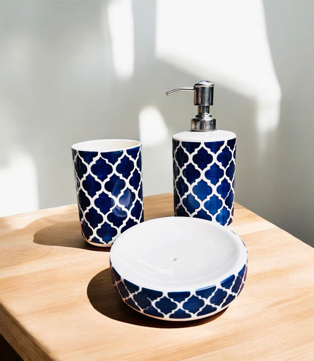 Moroccan Blue Luxe Ceramic Bathroom Set (Set of 3)