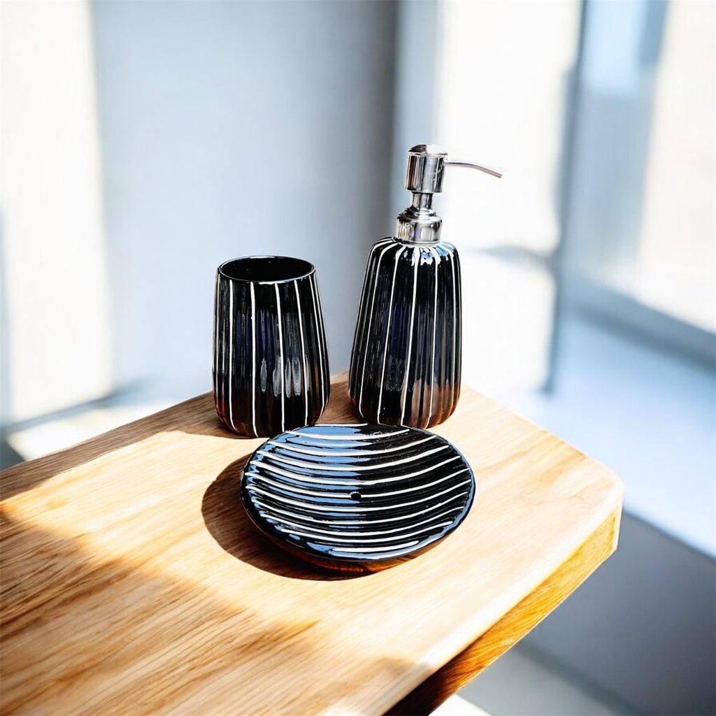 Midnight Ribbed Ceramic Bathroom Set (3-Piece)