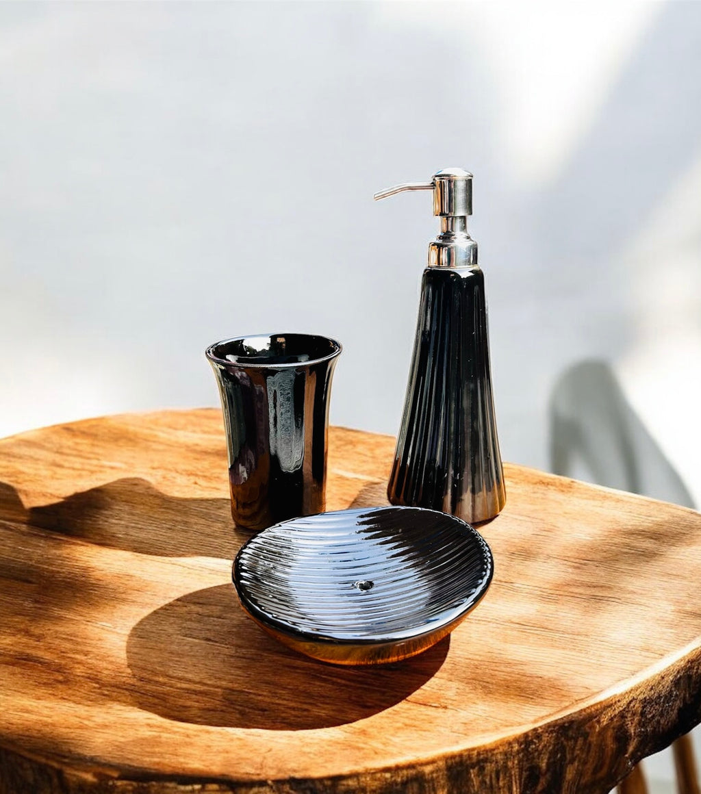 Midnight Ripple Ceramic Bathroom Set (Set of 3)
