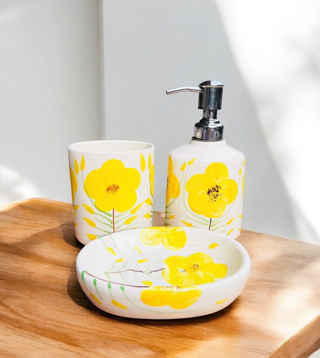 Yellow Bloom Handcrafted Ceramic Bathroom Set (3-Piece)