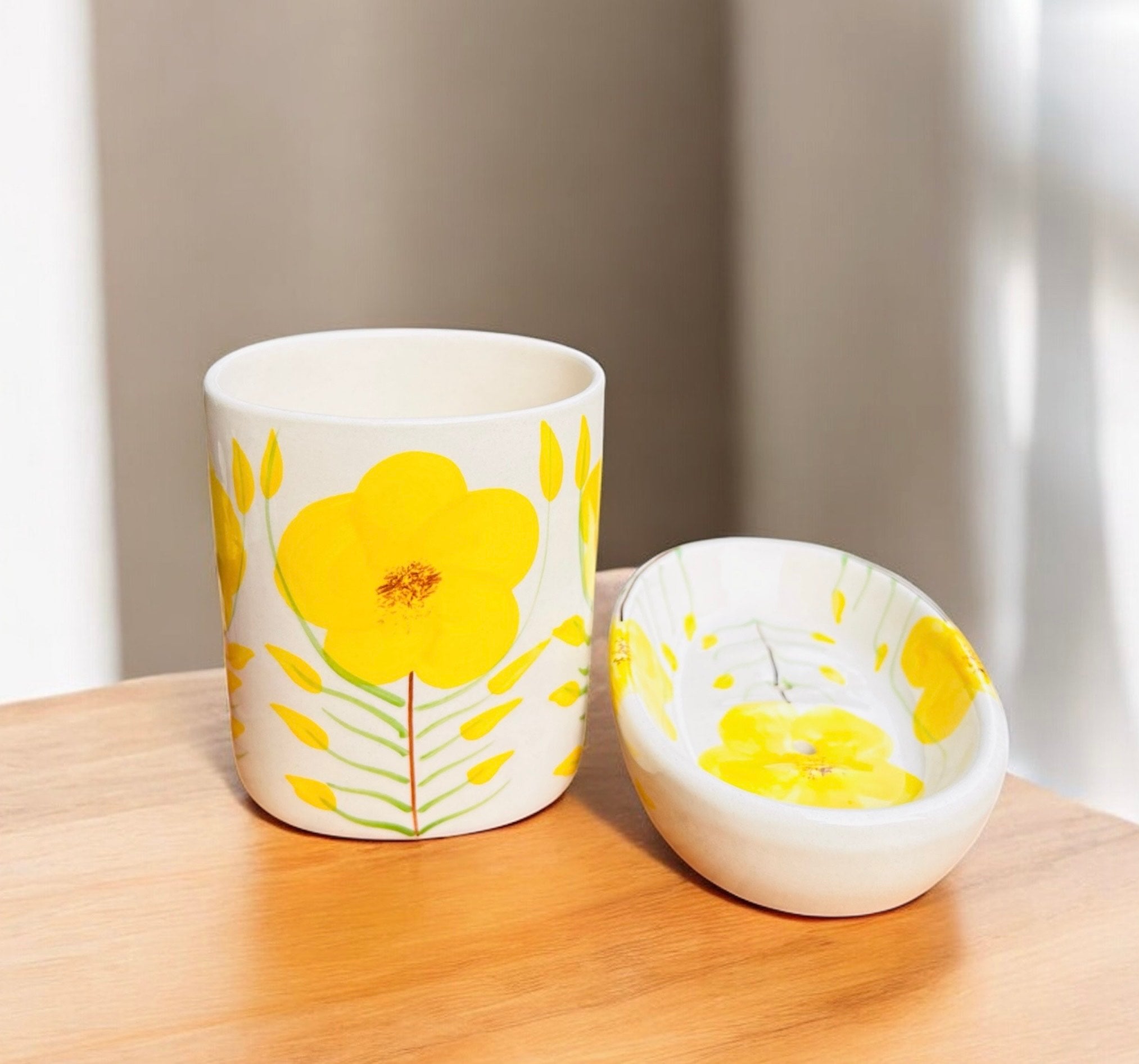 Yellow Bloom Handcrafted Ceramic Bathroom Set (3-Piece)