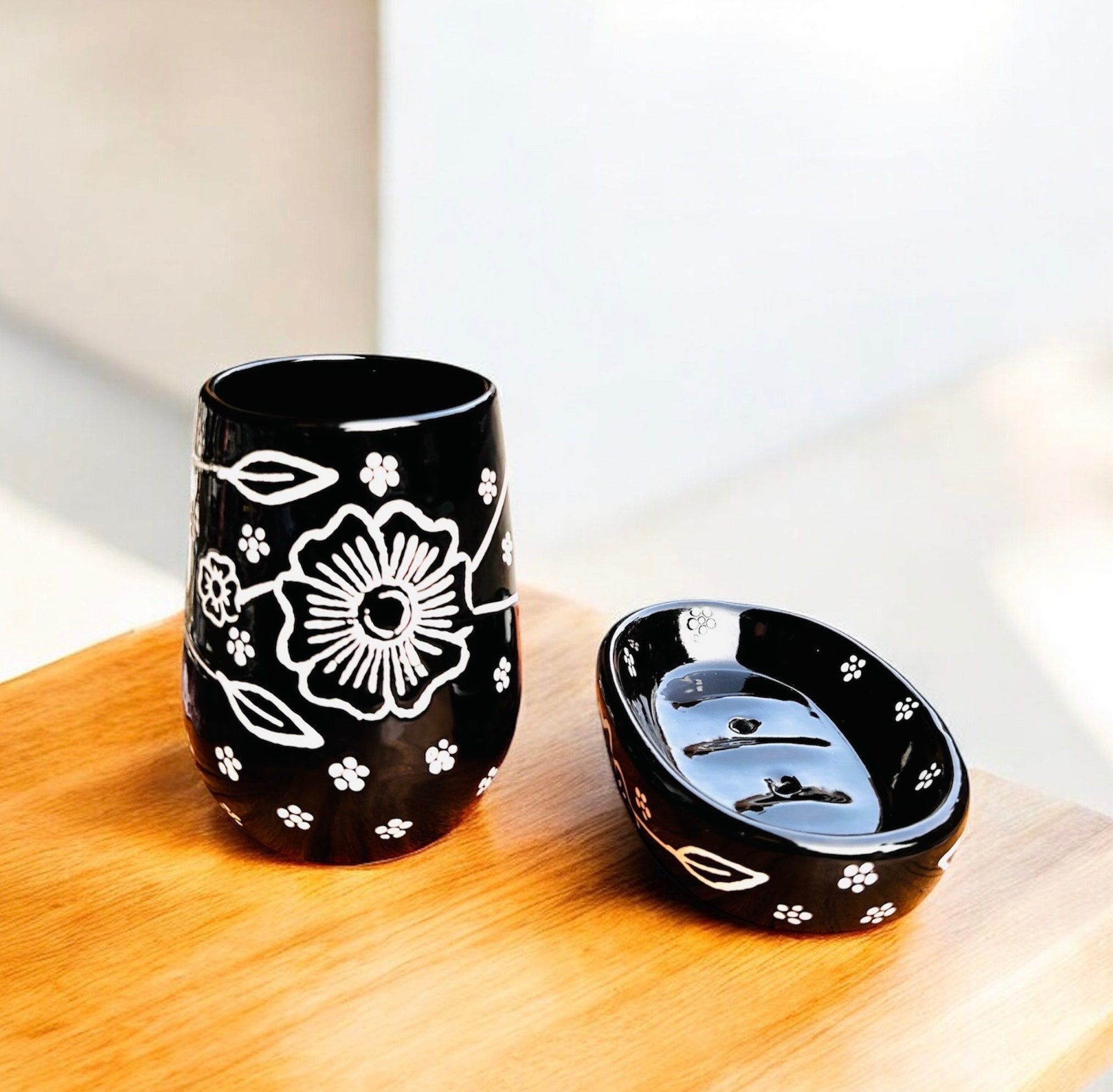 Midnight Bloom Handcrafted Ceramic Bathroom Set (Set of 3)