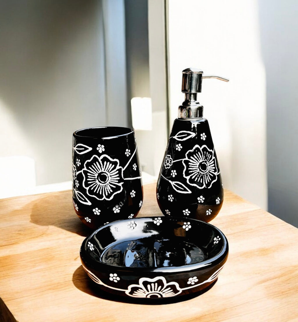 Midnight Bloom Handcrafted Ceramic Bathroom Set (Set of 3)