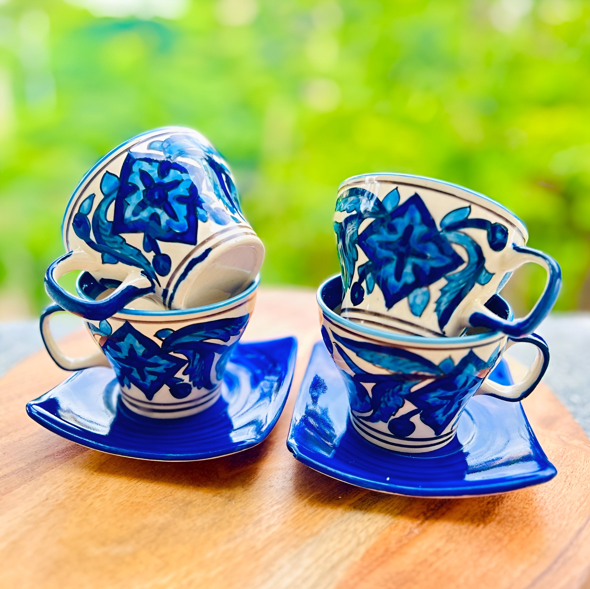 Royal Blue Floral Ceramic Tea Cup with Saucer