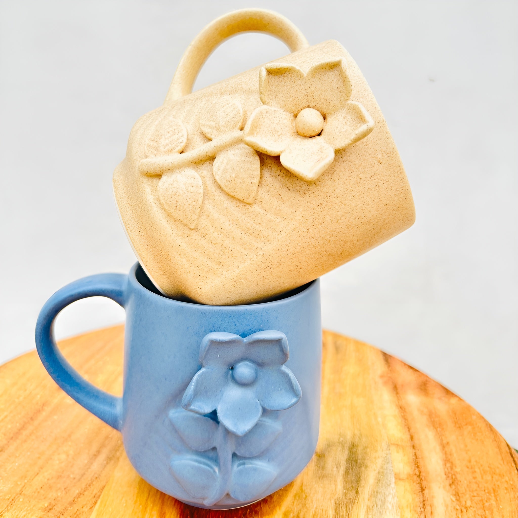 Earth Bloom Embossed Floral Handmade Ceramic Mug (set of 2)