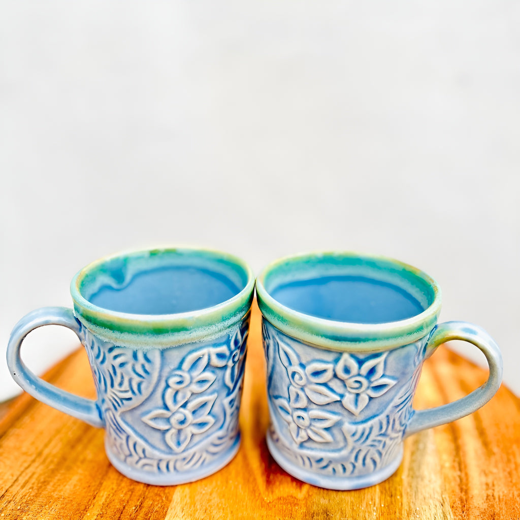 Blue Blossom Embossed Ceramic Coffee/Tea Mug Set