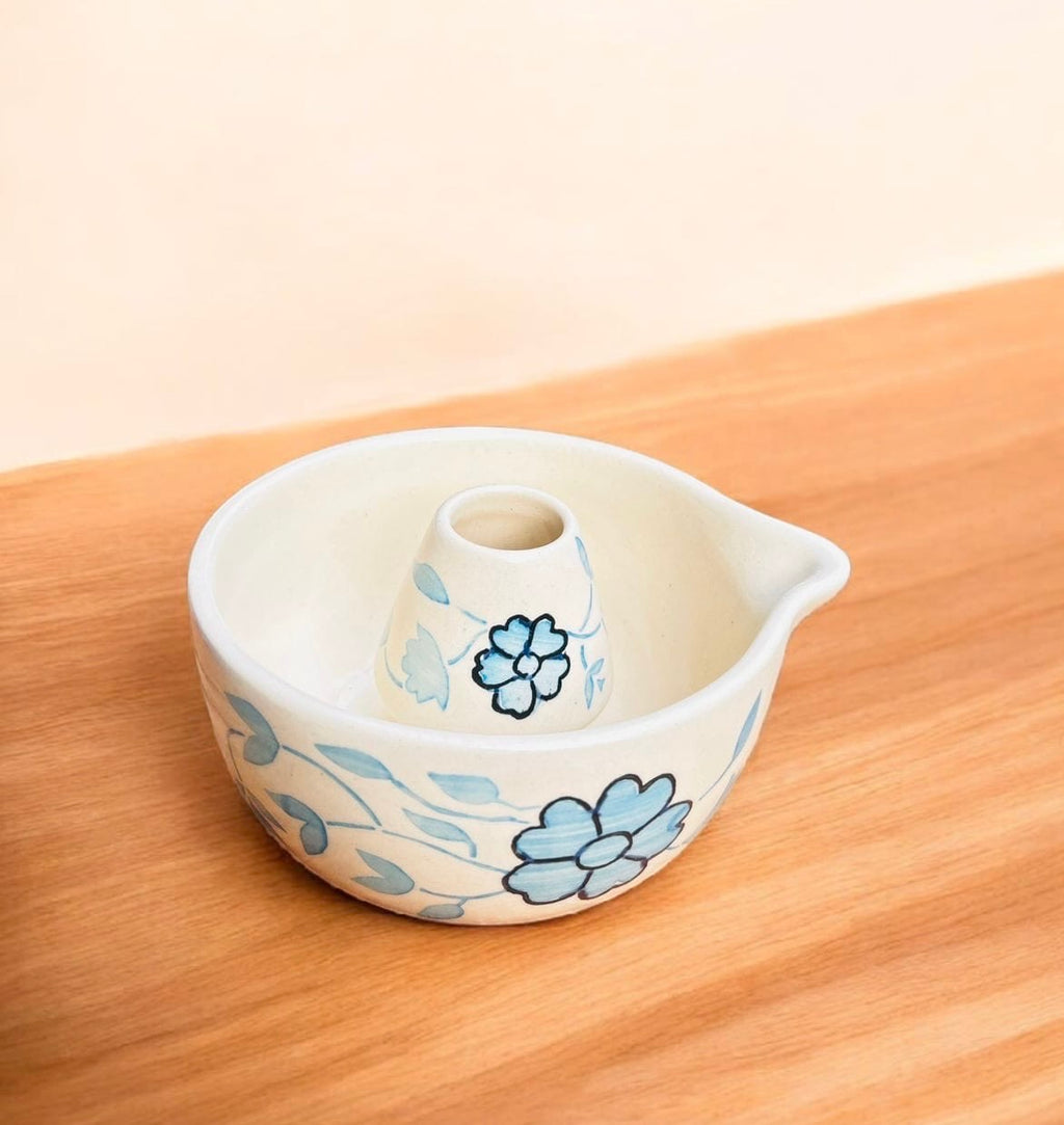 Blue Blossom Ceramic Matcha Set (Bowl + Whisk Holder)