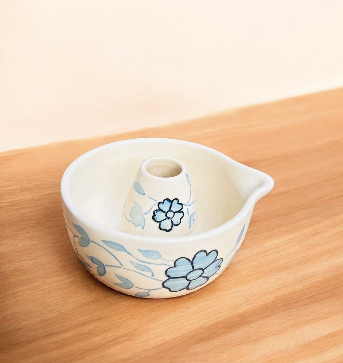 Blue Blossom Ceramic Matcha Set (Bowl + Whisk Holder)